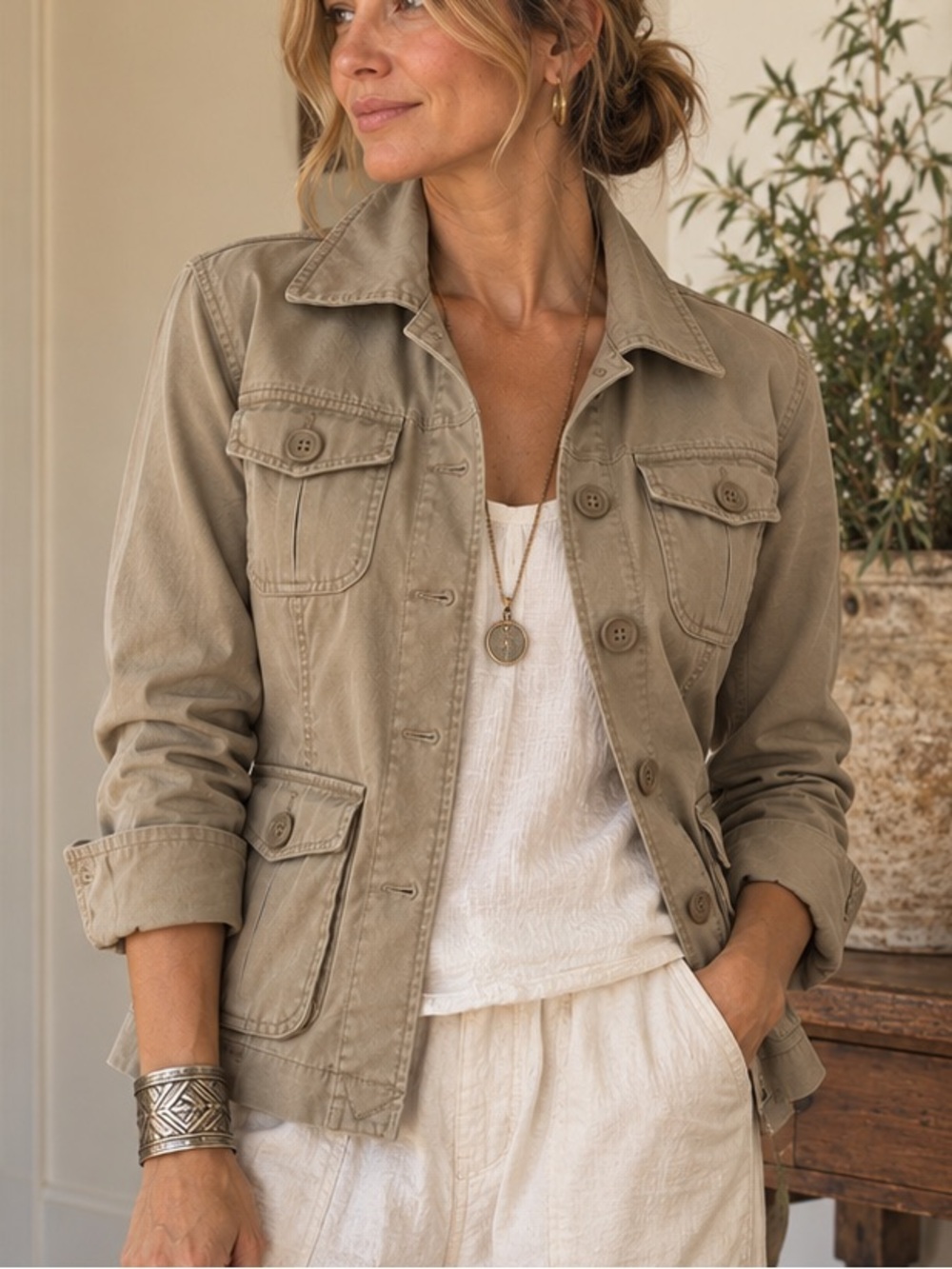 Stretch Cotton Safari Utility Jacket Khaki Talbots Size 4 Four Pocket